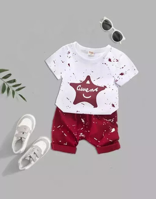 LITTLE KANHA Baby Boys Casual T-shirt Shorts(WHITE, RED)