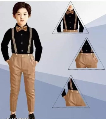 KRIYU CREATION Boys Party(Festive) Shirt Pant, Bow Tie, Suspenders(KHAKHI)