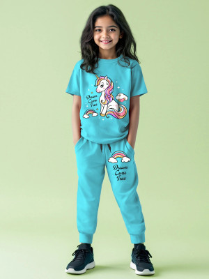 Trampoline Girls Casual T-shirt Track Pants(Sky Blue)