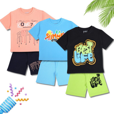 Worton Fashion Baby Boys Casual T-shirt Shorts(Black, Blue & Peach)