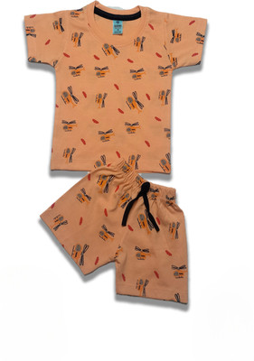 SANIKIDSWEAR Baby Boys & Baby Girls Casual T-shirt Shorts(LIGHT ORANGE)