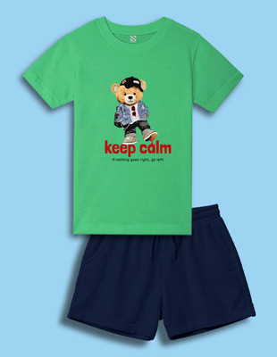 Nusyl Boys Casual T-shirt Shorts(Green & Navy Blue)