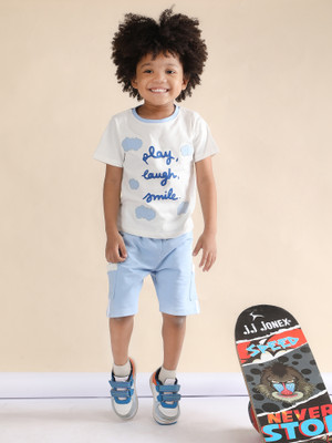 POLKA TOTS Baby Boys Casual T-shirt Shorts(White & Blue)