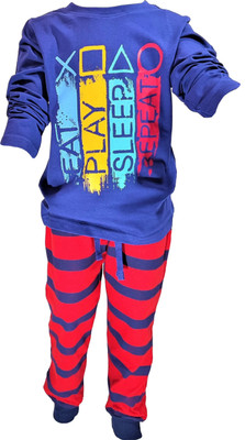 Shlok Samhita Boys Casual T-shirt Track Pants(Blue and Multicolor)