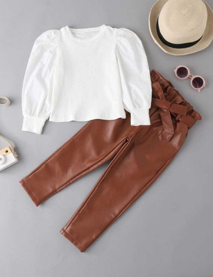 ZG GARMENTS Baby Girls Party(Festive) T-shirt Track Pants(Brown, White)