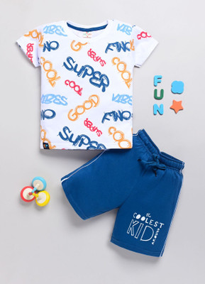 COT-n-TALES Boys Casual T-shirt Shorts(White, Air Force Blue)