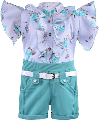 Wishkaro Girls Casual Top Shorts(Sea Green)