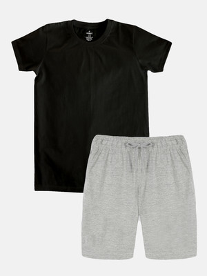 KiddoPanti Boys Casual T-shirt Shorts(Black & Grey Melange)