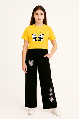 Wearax Girls Casual T-shirt Pyjama(YELLOW AND BLACK)