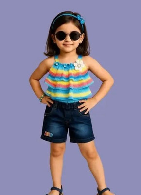 RANIOMATIC SUMMER Baby Girls Party(Festive) Top Shorts(Top Rainbow Shoulder Strap, Blue denim Short)