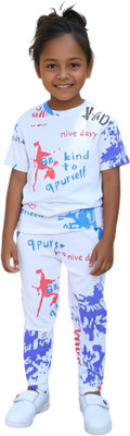 DEEPIMPEX Girls Casual T-shirt Trouser(Happy White)