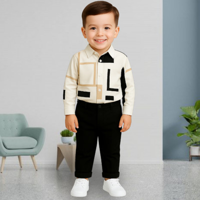 menvy Baby Boys Party(Festive) Shirt Pant(WHITE GEOMETRIC PATTERN)