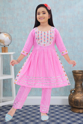 Funnyboo Girls Festive & Party Kurta and Leggings Set(Pink Pack of 1)