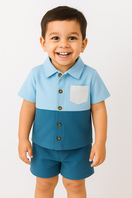 SEFVONA Boys Casual Shirt Shorts(SKY & BLUE)