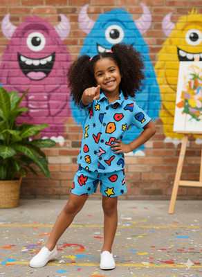 TINIMINI Boys & Girls Casual Shirt Shorts(Blue)