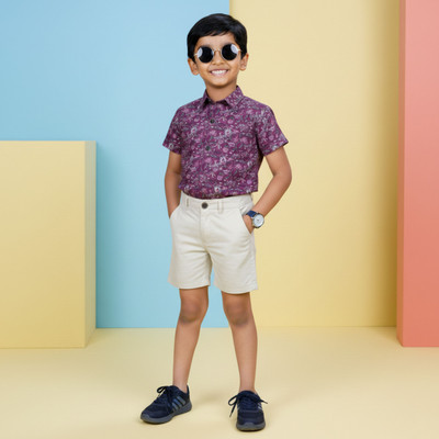 puppy shame Boys Casual Shirt Shorts(PURPLE/GREY)