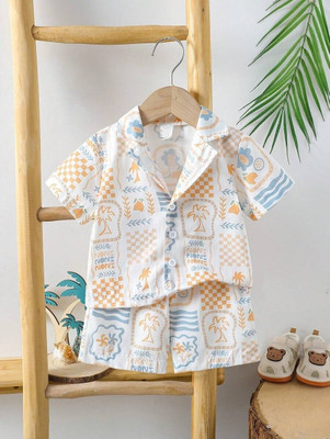 JetpurCollection Baby Boys Casual Shirt Shorts(White Casual with Pastel Orange)