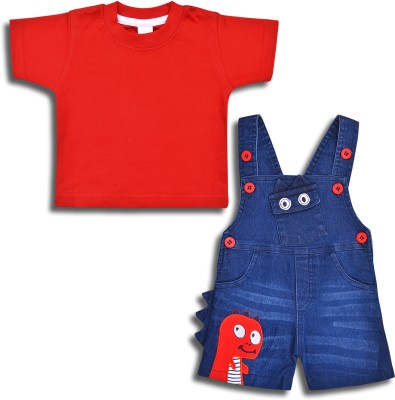 Wishkaro Baby Boys Casual T-shirt Dungaree(Red, Dark Blue)