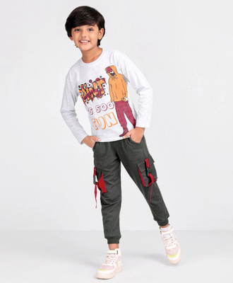 Patche Boys & Girls Casual T-shirt Track Pants(White Milange, Elephant Grey)