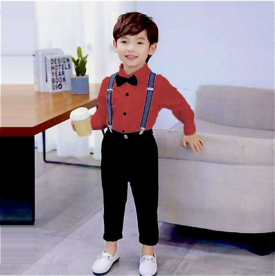 HouseOfCommon Baby Boys Superman Party(Festive) Shirt Pant, Bow Tie, Suspenders(RED)