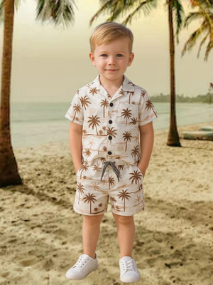 FASHION GRAB Boys Casual Shirt Shorts(White Brown)