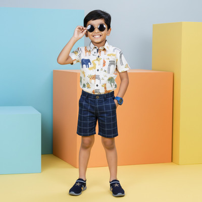puppy shame Boys Casual Shirt Shorts(OFFWHITE/NAVY)