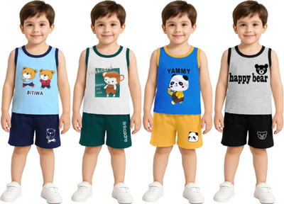 PY PINKYOU Baby Boys Casual T-shirt Shorts(Water Blue-White-Royal-Grey)