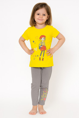 KiddieKisses Girls Casual T-shirt Pant(Yellow-Grey)
