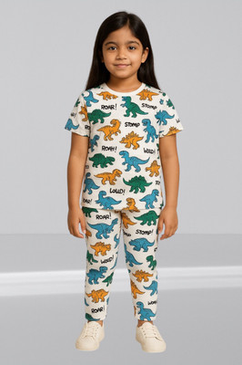 VetaWear Girls Casual T-shirt Trouser(Dino White)