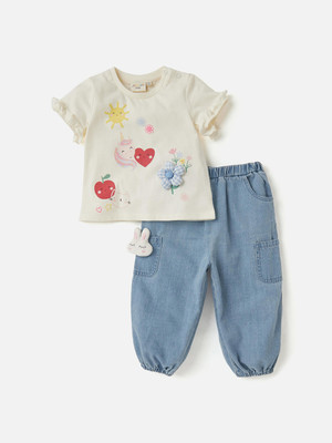 JUNIORS by Babyshop Baby Girls Casual T-shirt Pant(Cream_Blue)