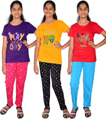 JILZ Girls Casual T-shirt Track Pants(Purple, Yellow, Red)