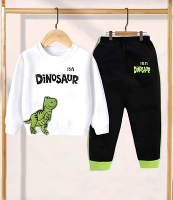 MUCARE Boys & Girls Dinosaur Casual T-shirt Track Pants(WHITE/GREEN/BLACK)