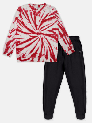 KiddoPanti Boys Casual T-shirt Track Pants(Maroon & Jet Black)