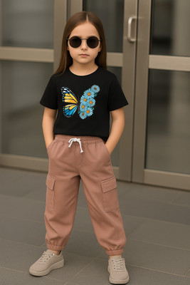LAVASCREATION Girls Party(Festive) T-shirt Pant(Peach, Black)
