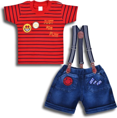 Wishkaro Baby Boys Casual T-shirt Dungaree(Red, Blue)