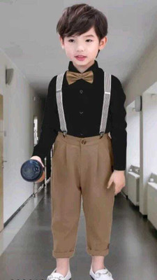 DENSIYFEB Baby Boys & Baby Girls Party(Festive) Shirt Pant, Suspenders, Bow Tie(BLACK+KHAKI)