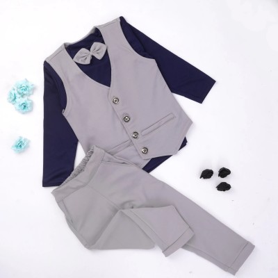 HouseOfCommon Baby Boys & Baby Girls Party(Festive) Blazer Jacket, Pant(Blue, Grey)