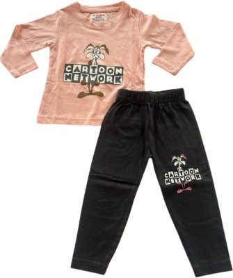 SARA Boys & Girls Casual T-shirt Pant(Peach, Black)