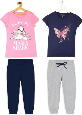 M Queen Girls Casual T-shirt Track Pants(Navy Blue, Pink)