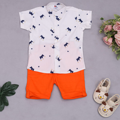 TRISHIKA ENTERPRISE Baby Boys Casual Shirt Shorts(White & Orange)