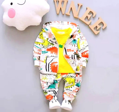 CocksComb Baby Boys & Baby Girls Dinosaur Party(Festive) T-shirt Pant(yellow, white)