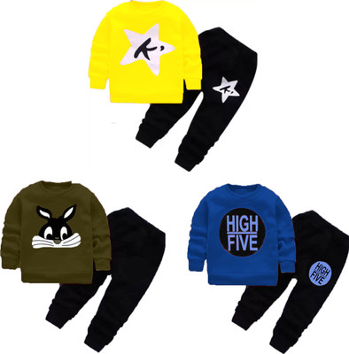 PY PINKYOU Boys & Girls Casual T-shirt Pant(Kstar Yellow, Cat Olive & Hifi Royal Blue)