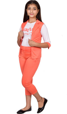 OXFY Girls Festive & Party Blazer and Pant Set(Orange Pack of 1)