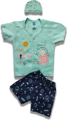 SANIKIDSWEAR Baby Boys & Baby Girls Casual T-shirt Shorts, Cap(LIGHT SKY)