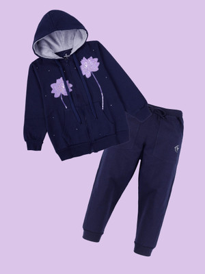KiddoPanti Girls Casual Sweatshirt Track Pants(Navy with Flowers & Navy)