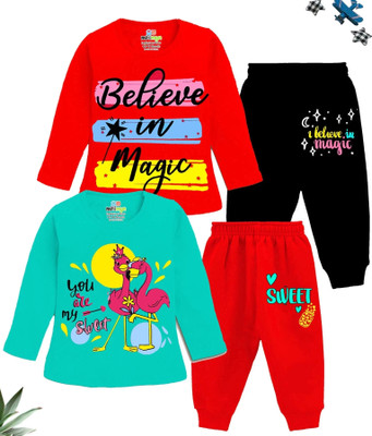 MINI MYN Baby Girls Casual T-shirt Track Pants(Pink, Petrol, Red, Black)