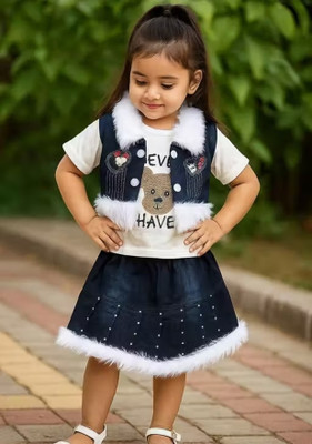 Ndress Store Baby Girls Casual Top Skirt, Jacket(White Printed Top,Blue Denim Jacket,Skirt)