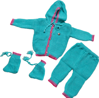 VIYODHAR Baby Boys & Baby Girls Party(Festive) Sweater Pant, Bootie, Cap(Blue)