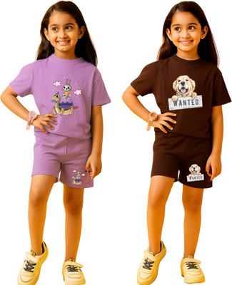 SKYMADV Baby Boys & Baby Girls Barbie Casual T-shirt Shorts(LAVENDAR, BROWN)