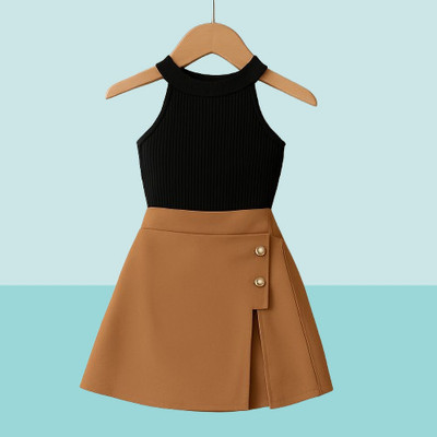 Riyanshi Trending Girls Casual Top Skirt(Black, Brown)